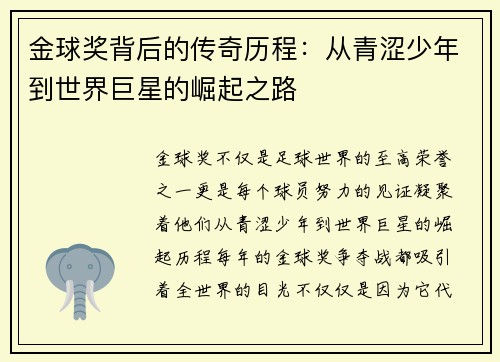 金球奖背后的传奇历程：从青涩少年到世界巨星的崛起之路