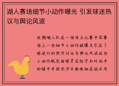 湖人赛场细节小动作曝光 引发球迷热议与舆论风波
